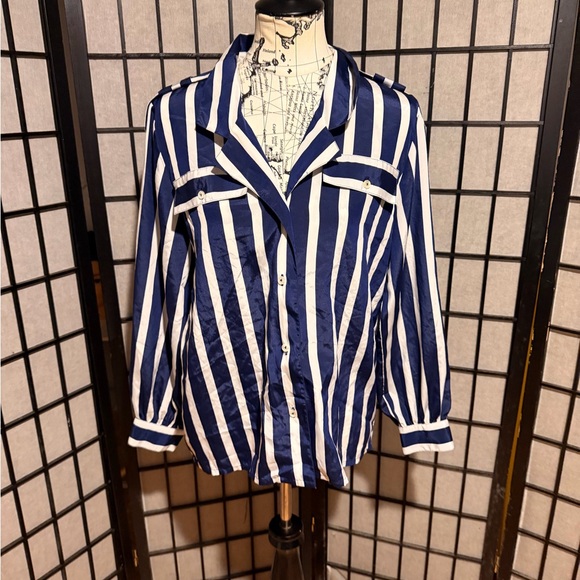 Josephine Tops - Josephine Vintage button down Navy/White Striped Women's blouse work office 8